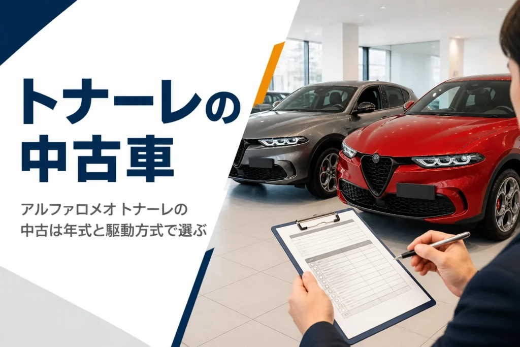 中古車展示場で並んだSUVを見比べている様子