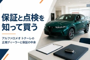 正規ディーラーでトナーレの保証内容を確かめるイメージ