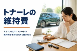 電卓と家計簿で車の維持費を計算している様子
