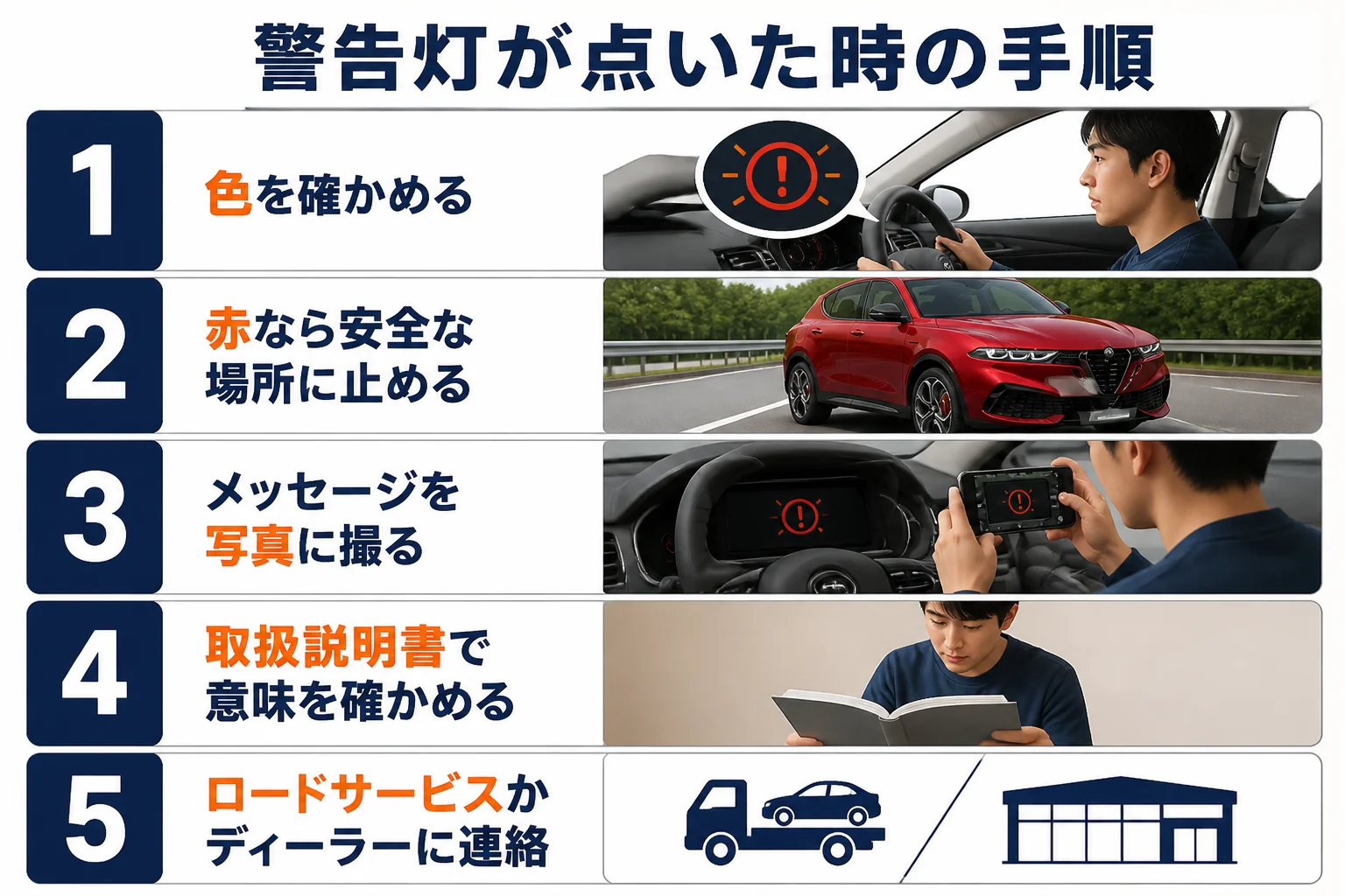 警告灯が点いた時の対処の手順を示した図解