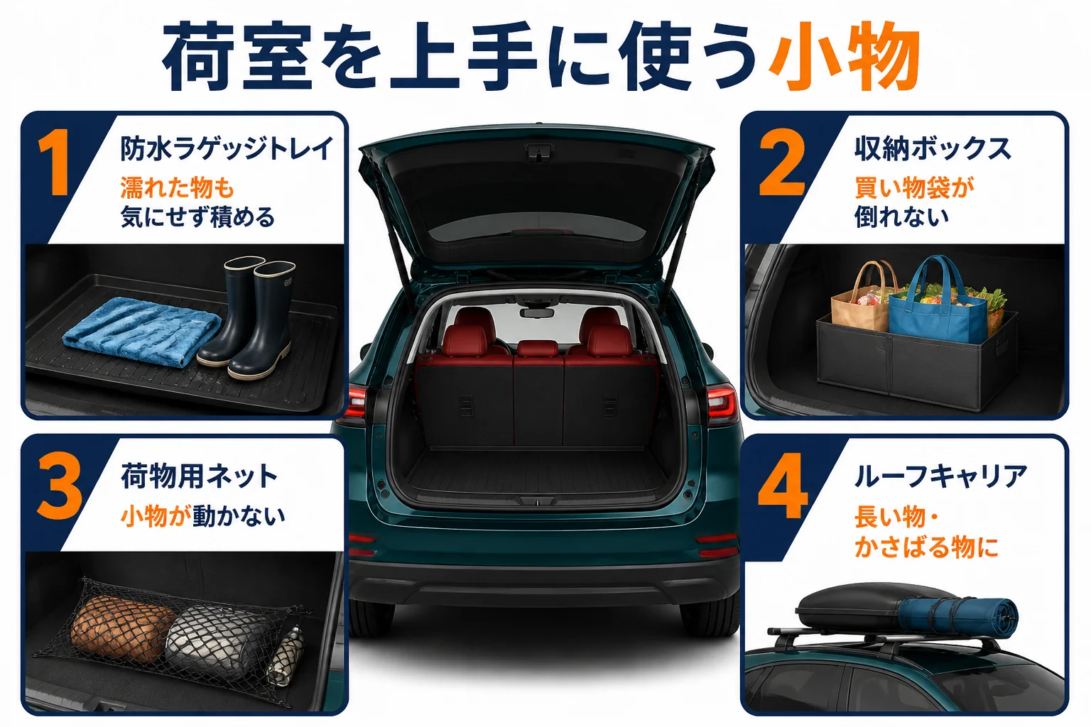 トナーレの荷室を上手に使う小物と使い道をまとめた図解