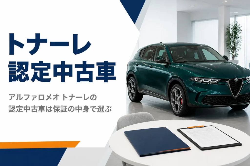 ショールームでSUVの保証書と点検記録簿を確かめている様子