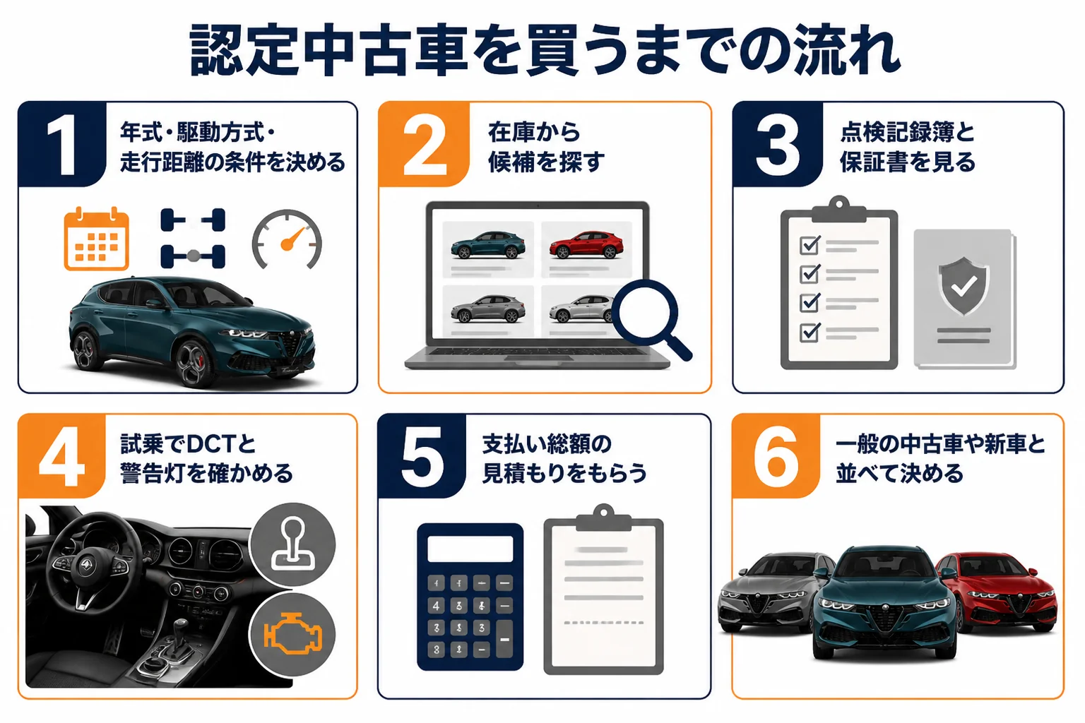 トナーレの認定中古車を買うまでの6つの手順を並べた図解