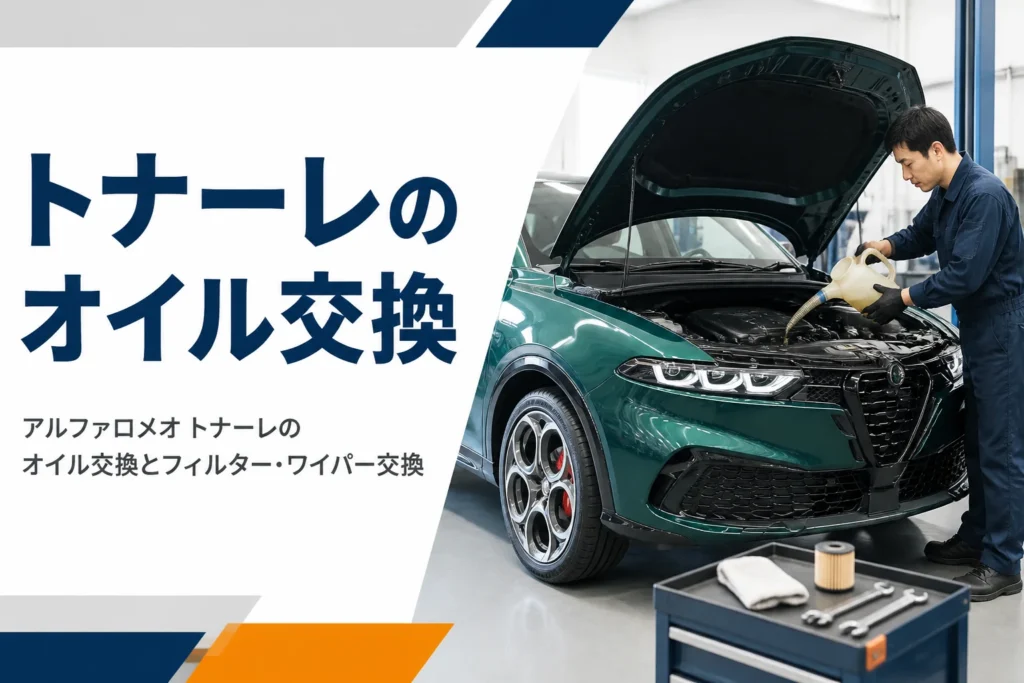 整備工場でSUVのエンジンオイルを交換している様子