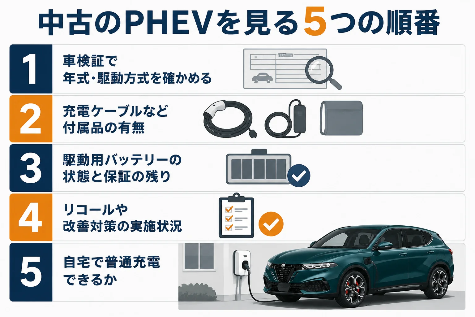 中古のトナーレPHEVを選ぶ時に確かめる5つの順番の図解