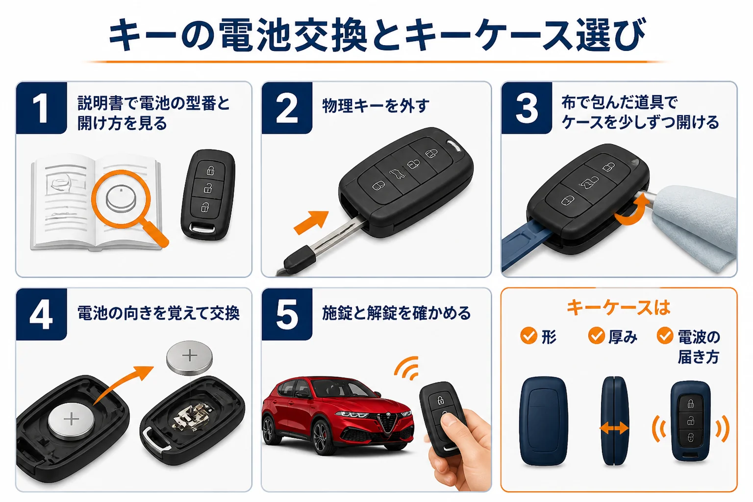 トナーレのキー電池交換とキーケース選びのポイントをまとめた図解
