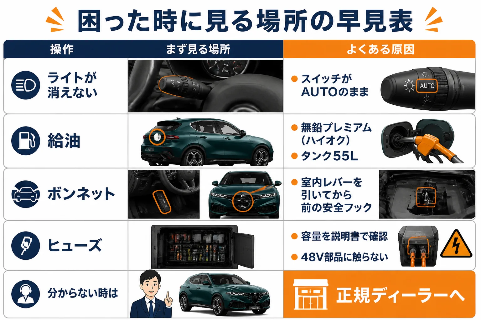 ライト・給油口・ボンネット・ヒューズで迷った時に見る場所をまとめた図解